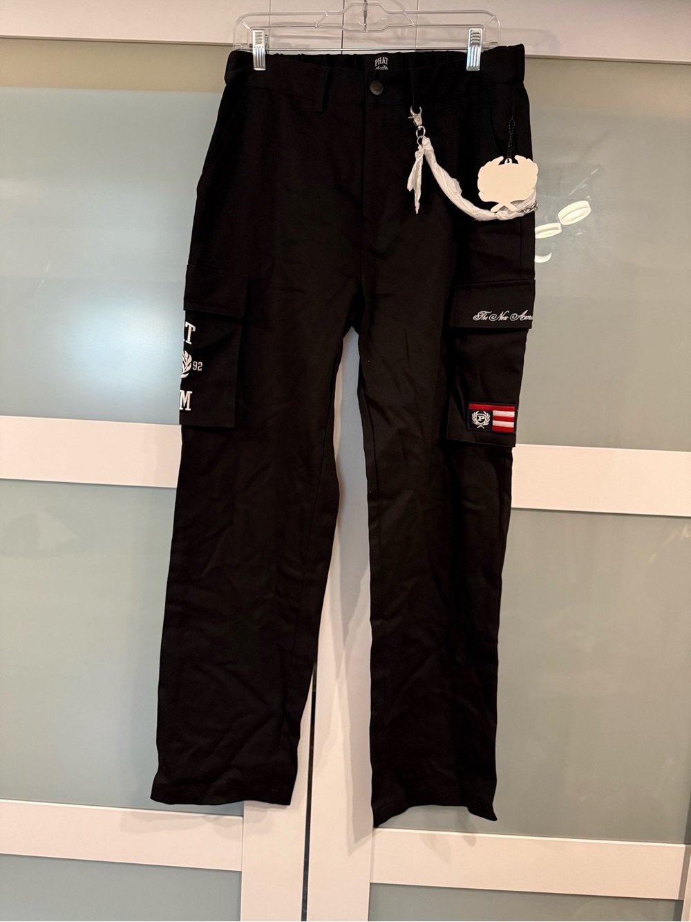 Phat Farm Black Men's Cotton Cargo Pants with Patch & Rope Detail